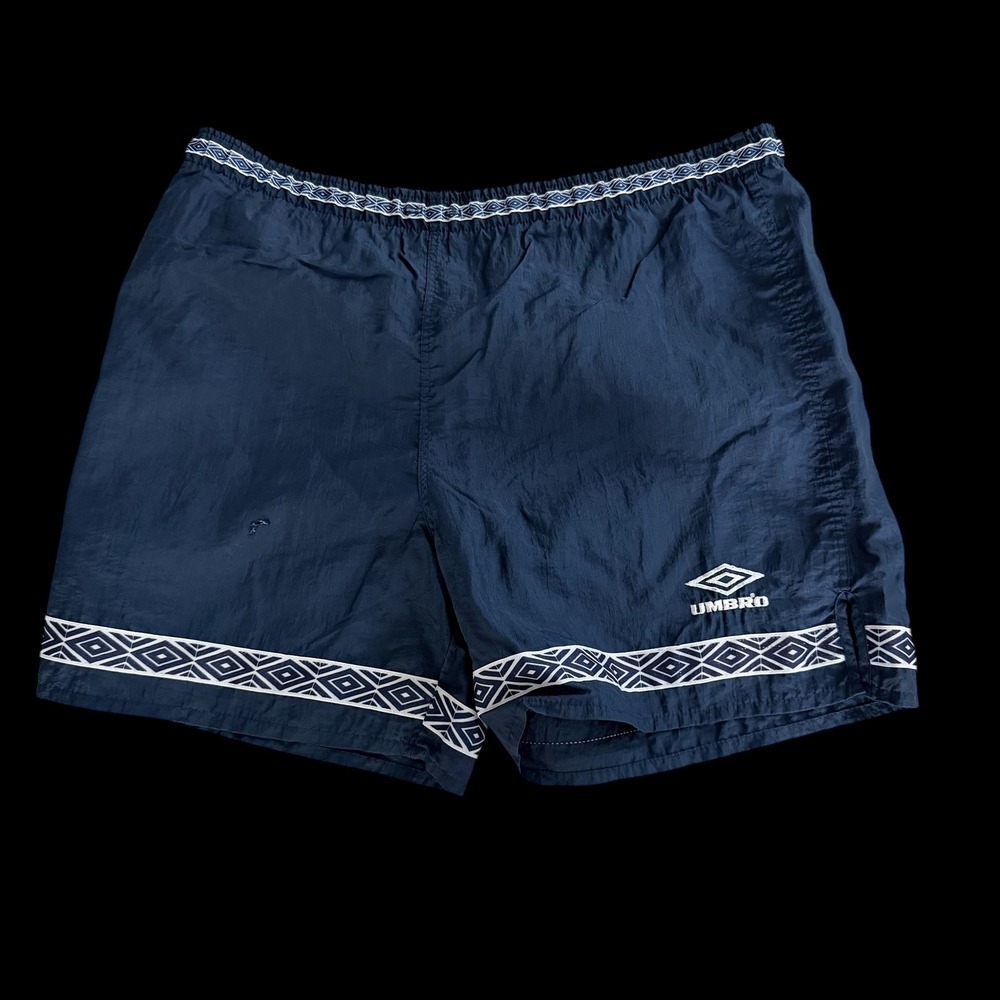 Vintage Umbro Soccer Shorts Medium Navy Nylon Distressed Made in USA 90s Diamond